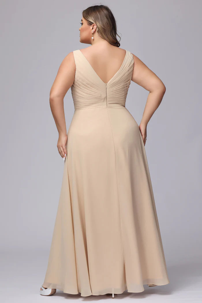 Plus Size Soft A-Line V-Neck Sleeveless Deep-V-Back Champagne Chiffon Floor-Length Bridesmaid Dresses