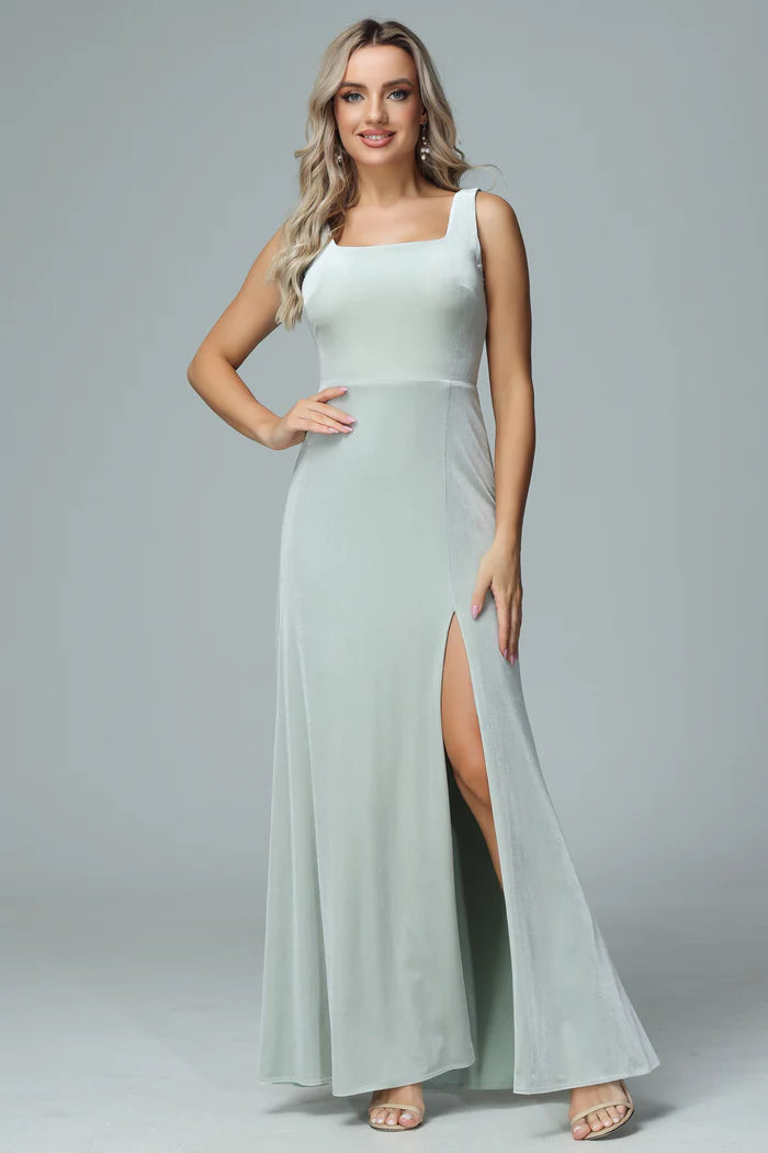 Soft Sheath Square-Neck Sleeveless V-Back Velvet Floor-Length Bridesmaid Dresses