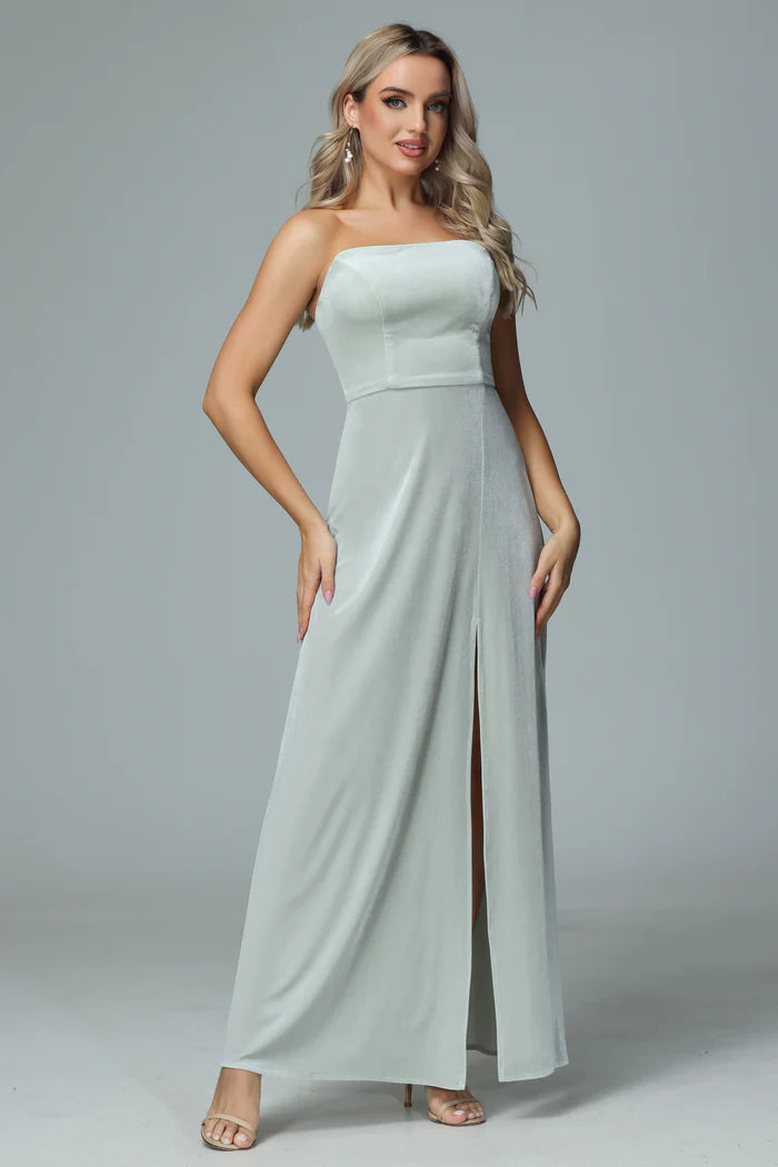 Soft Sheath Strapless Sleeveless Zipper-Back Velvet Floor-Length Bridesmaid Dresses