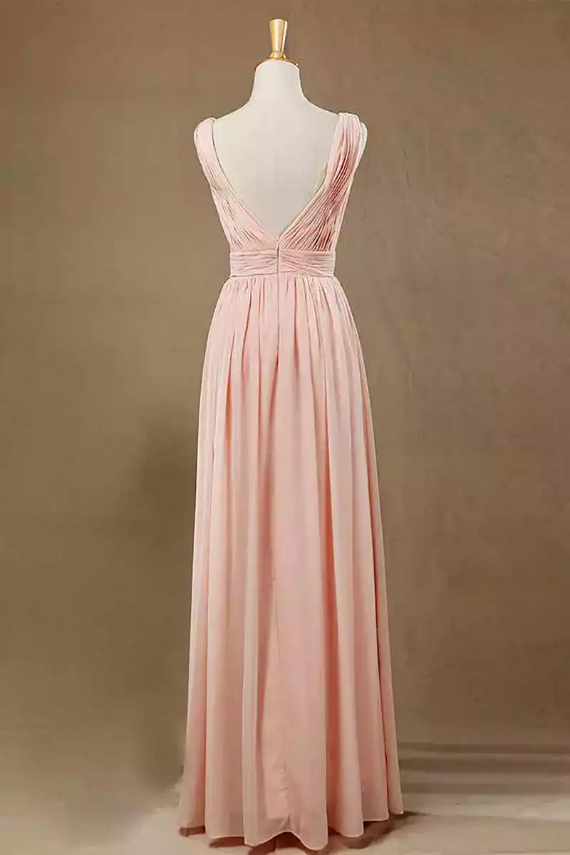 Soft Blush Chiffon Gown with Deep V-Neck & Open Back