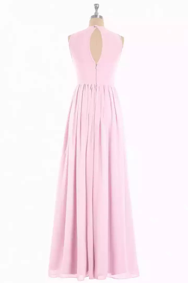 Soft Blush Chiffon Gown with Halter Keyhole Back & Sleeveless Bodice