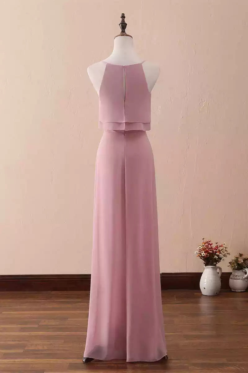 Soft Blush Chiffon Gown with Halter Ruffled Overlay & Open Keyhole Back