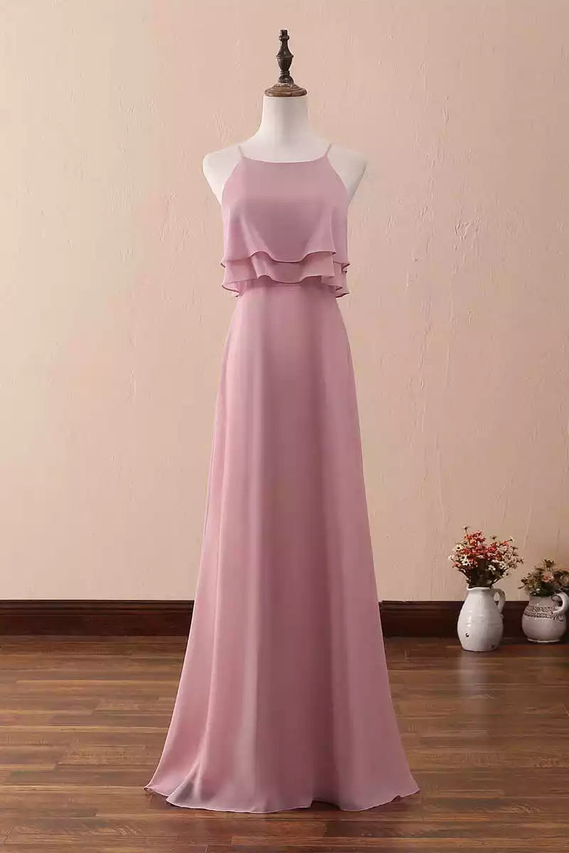 Soft Blush Chiffon Gown with Halter Ruffled Overlay & Open Keyhole Back