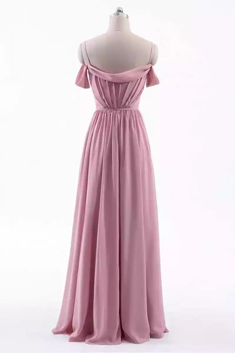 Soft Blush Chiffon Gown with Off-the-Shoulder Neckline & Side Slit