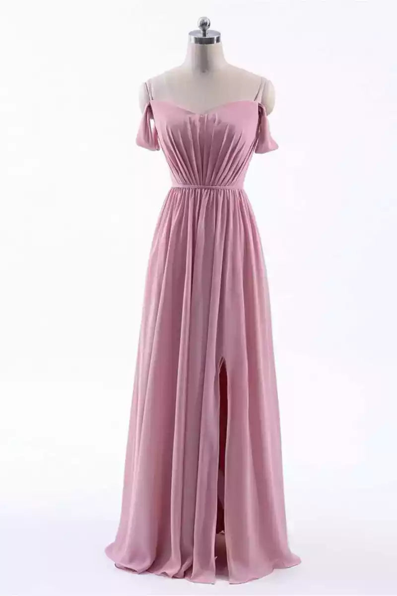 Soft Blush Chiffon Gown with Off-the-Shoulder Neckline & Side Slit
