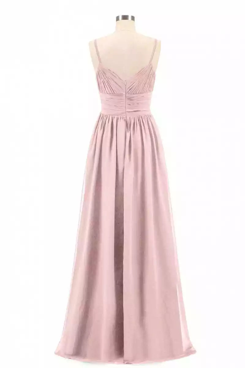 Soft Blush Chiffon Gown with Thin Straps & Ruched Bodice
