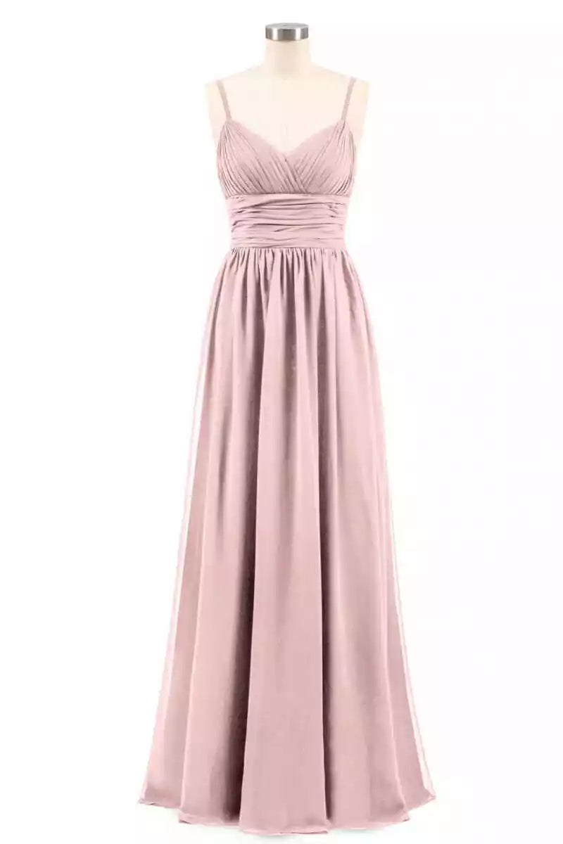 Soft Blush Chiffon Gown with Thin Straps & Ruched Bodice