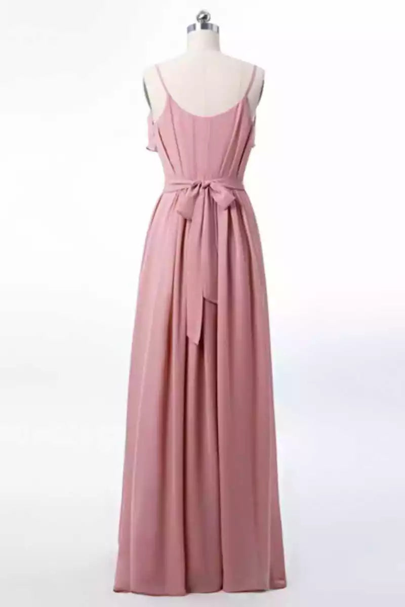 Soft Blush Chiffon Gown with Thin Straps & Ruffled Overlay