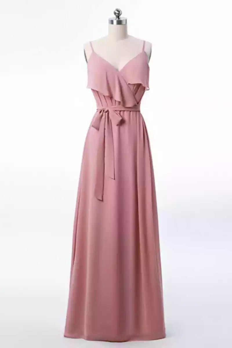Soft Blush Chiffon Gown with Thin Straps & Ruffled Overlay