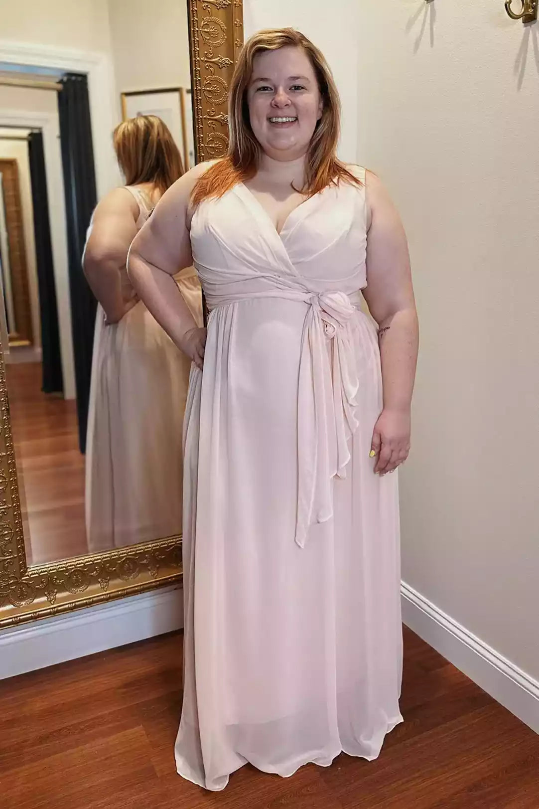 Soft Blush Chiffon Gown with Wrap V-Neck & Tie-Waist Silhouette