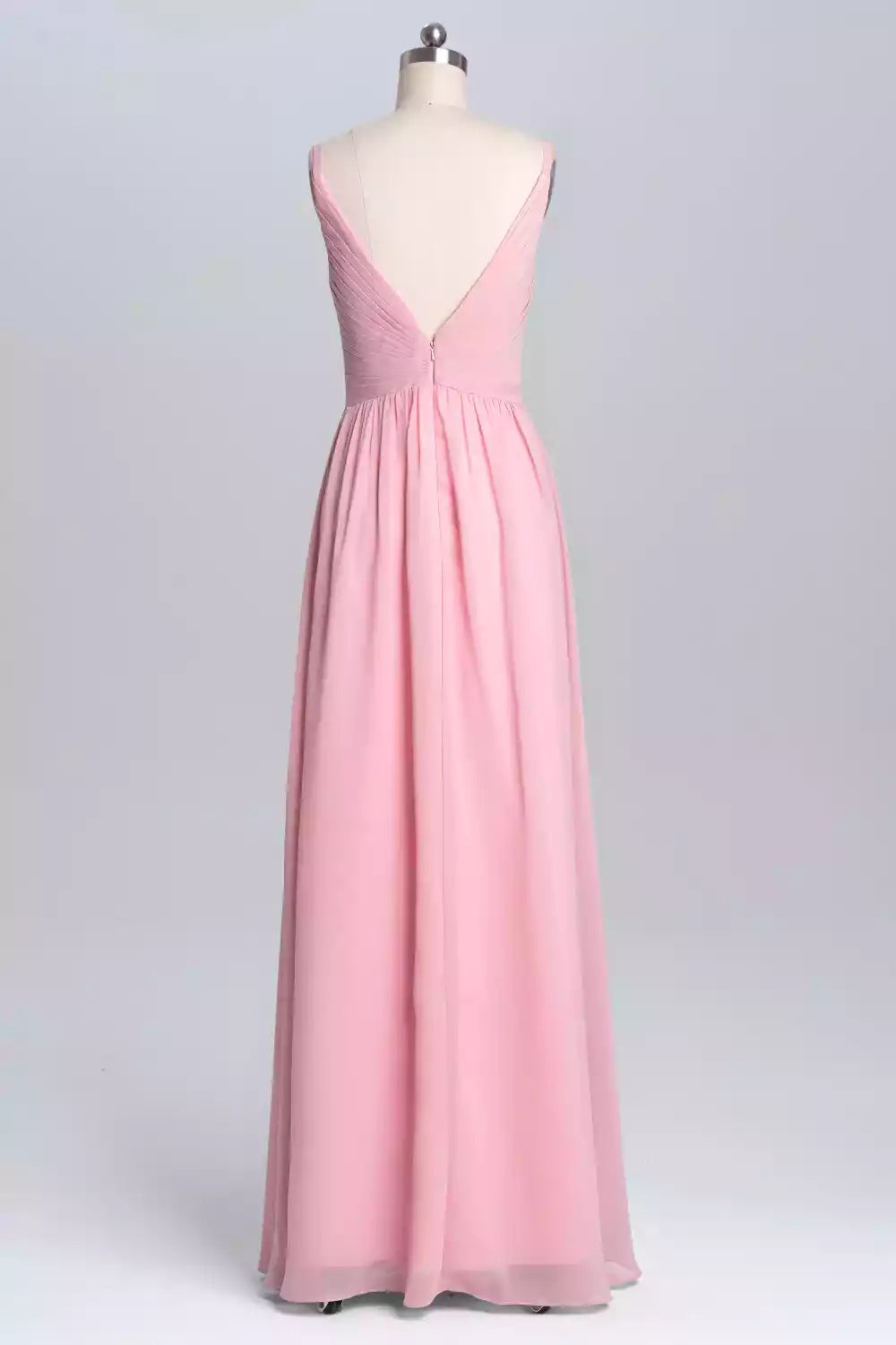 Soft Blush Pink Chiffon Gown with Deep V-Neck & Ruched Bodice
