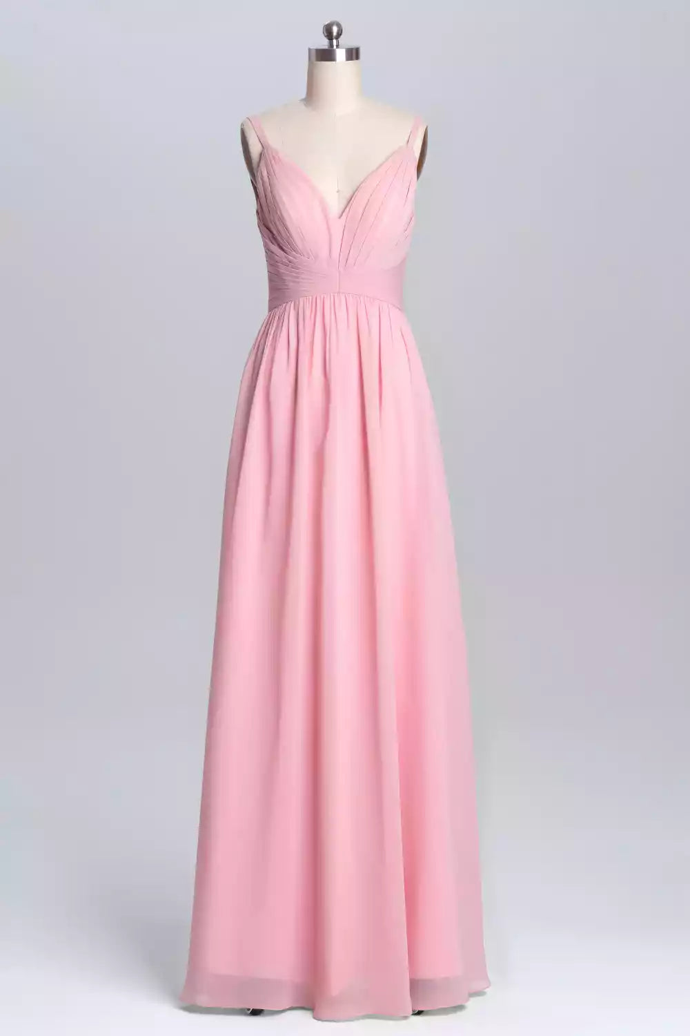 Soft Blush Pink Chiffon Gown with Spaghetti Straps & Deep V-Back