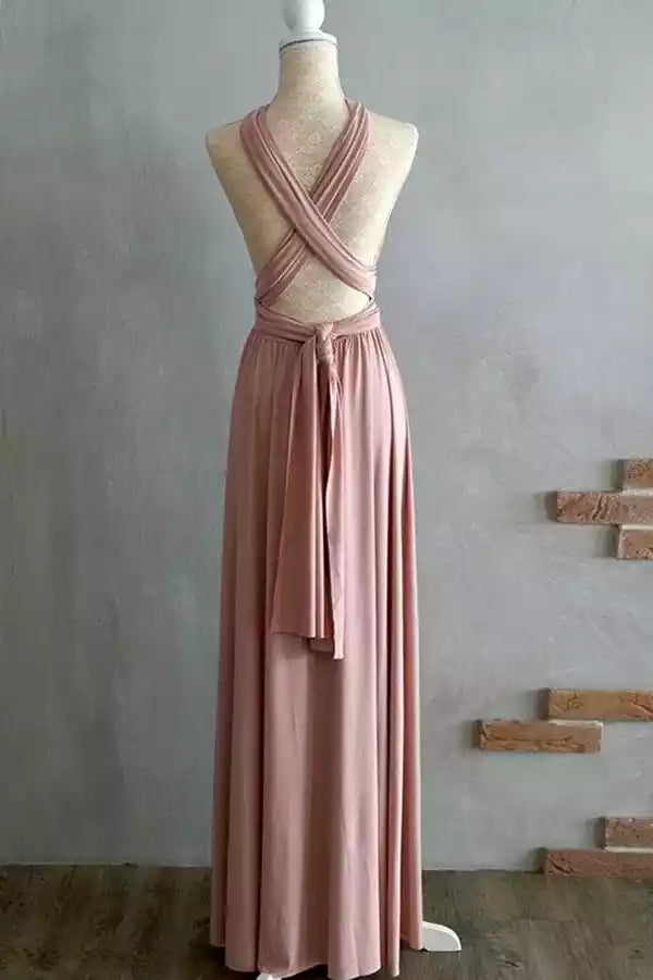 Soft Blush Pink Halter Gown with Cross-Back Tie & Flowing Skirt