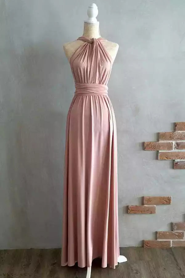 Soft Blush Pink Halter Gown with Cross-Back Tie & Flowing Skirt