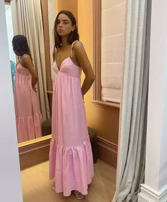 Soft Blush Pink Linen Maxi Gown with Plunging V-Neck & Tiered Ruffled Skirt