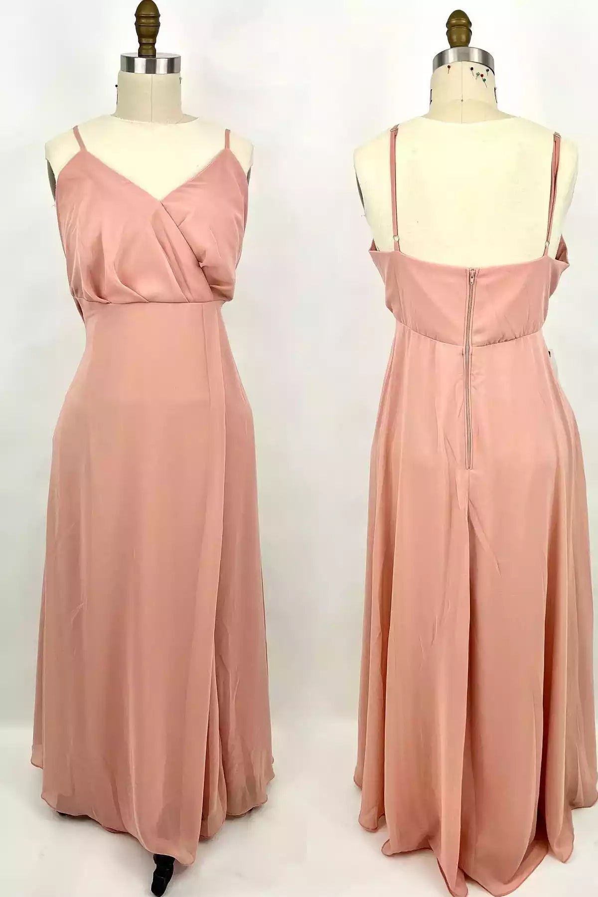 Soft Blush Satin Gown with Cross-Drape V-Neck & Adjustable Straps