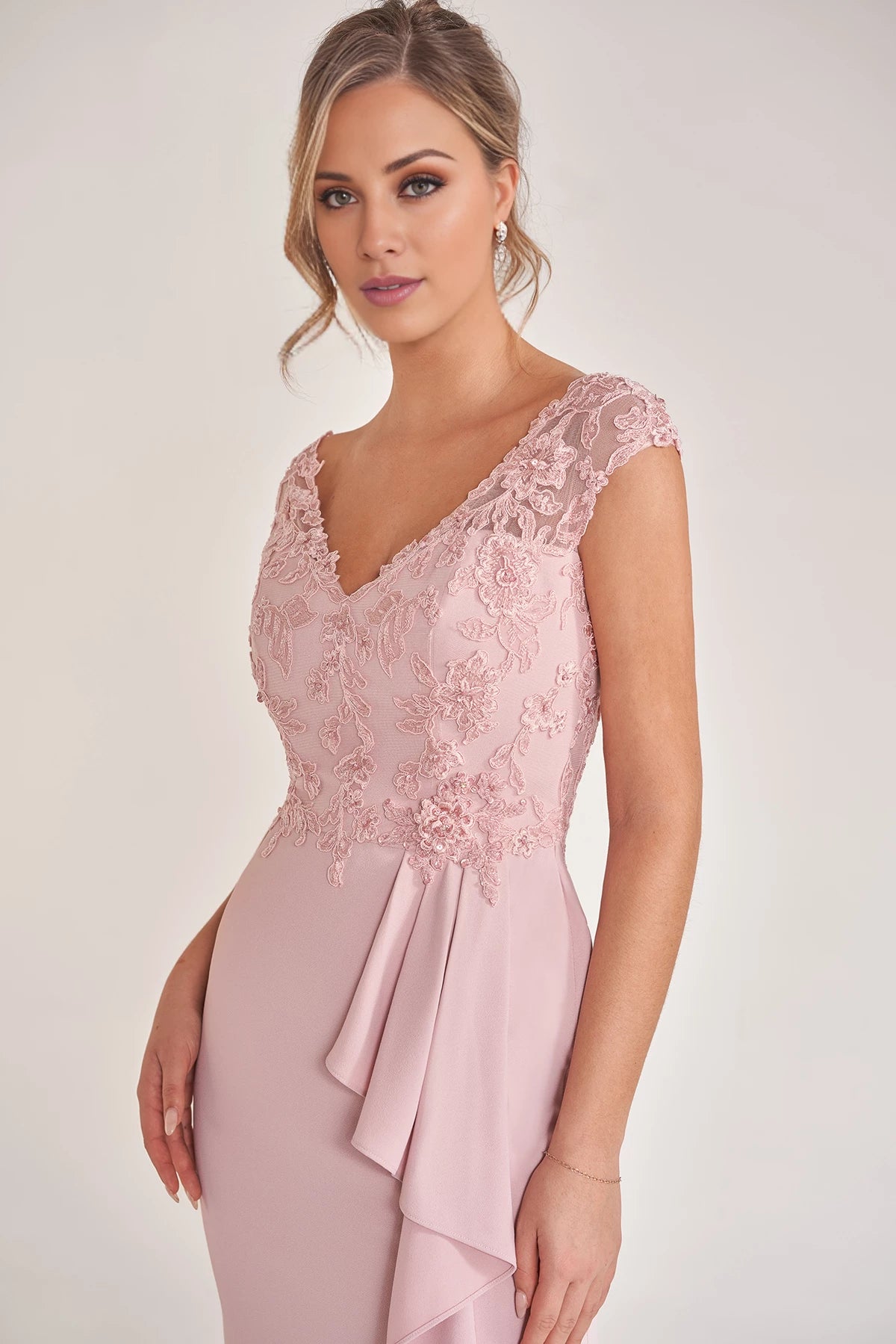 Soft Crepe Fit and Flare Gown with Hand Beaded Embroidery Lace Bodice and Cascading Side Ruffles Mother of the Bride Dresses