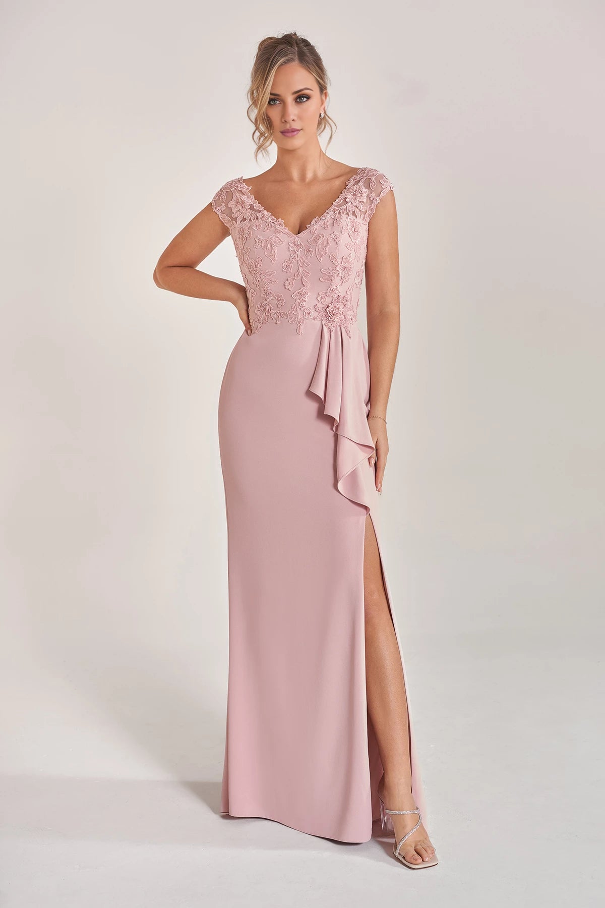 Soft Crepe Fit and Flare Gown with Hand Beaded Embroidery Lace Bodice and Cascading Side Ruffles Mother of the Bride Dresses