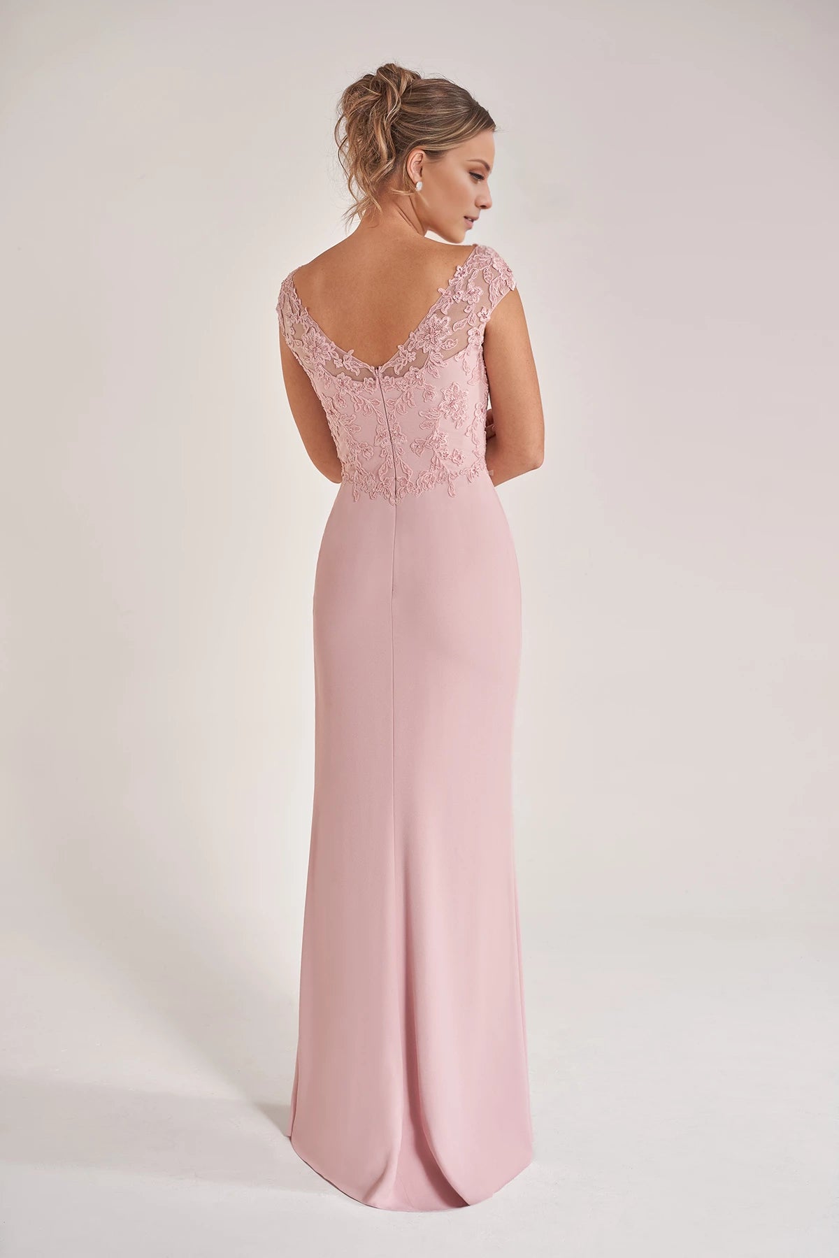 Soft Crepe Fit and Flare Gown with Hand Beaded Embroidery Lace Bodice and Cascading Side Ruffles Mother of the Bride Dresses