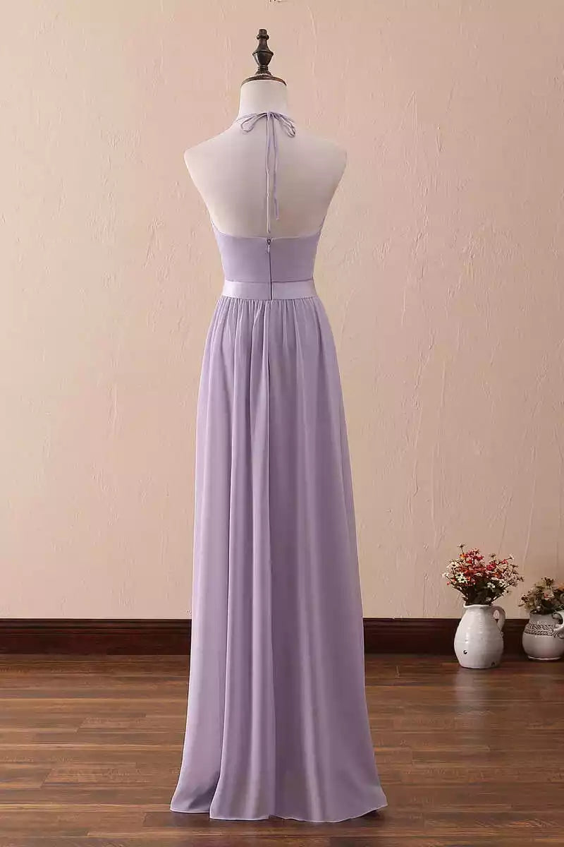 Soft Lavender Chiffon Gown with Halter Ruffled Neck & Open Back