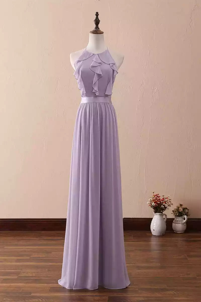 Soft Lavender Chiffon Gown with Halter Ruffled Neck & Open Back
