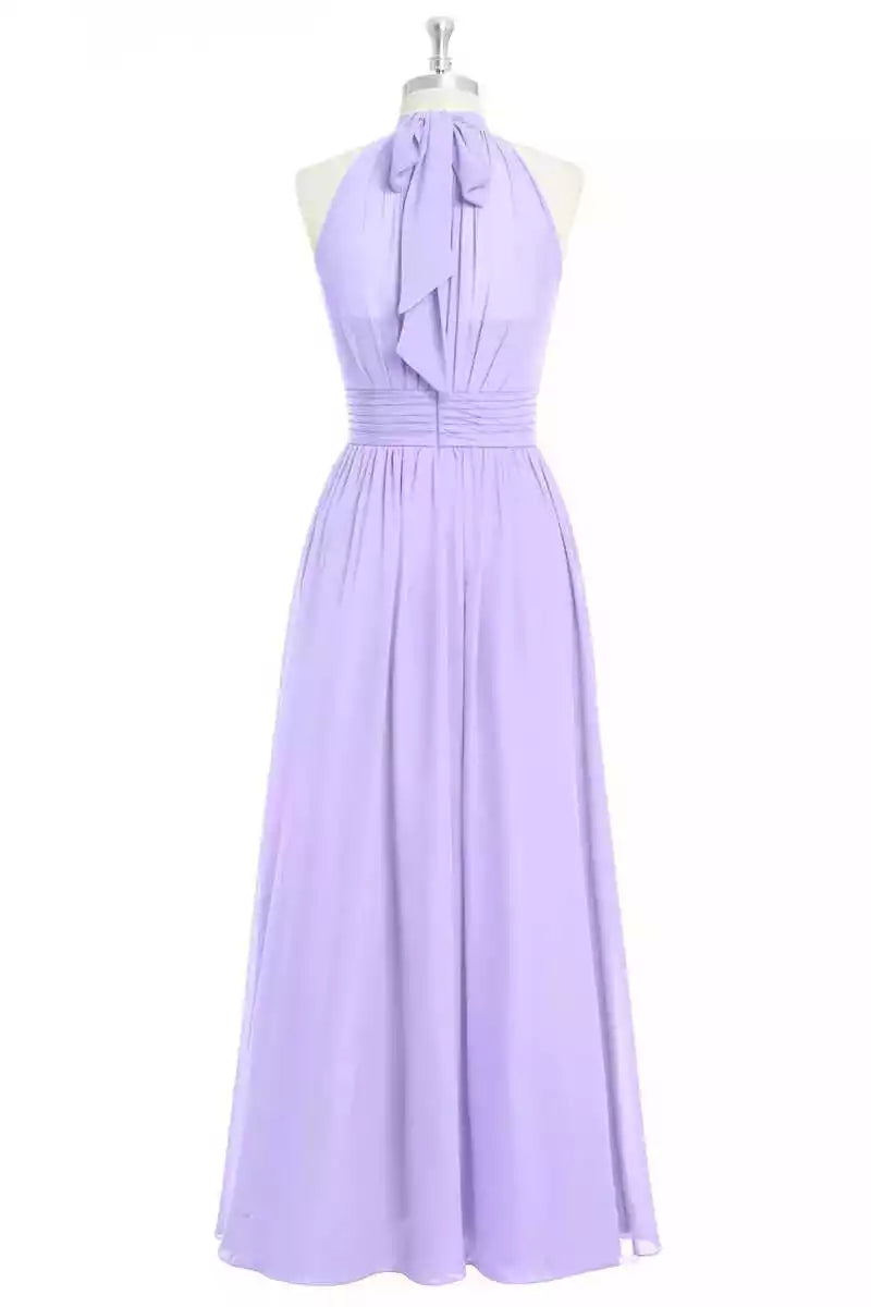 Soft Lavender Chiffon Gown with Halter Tie-Back & Ruched Bodice