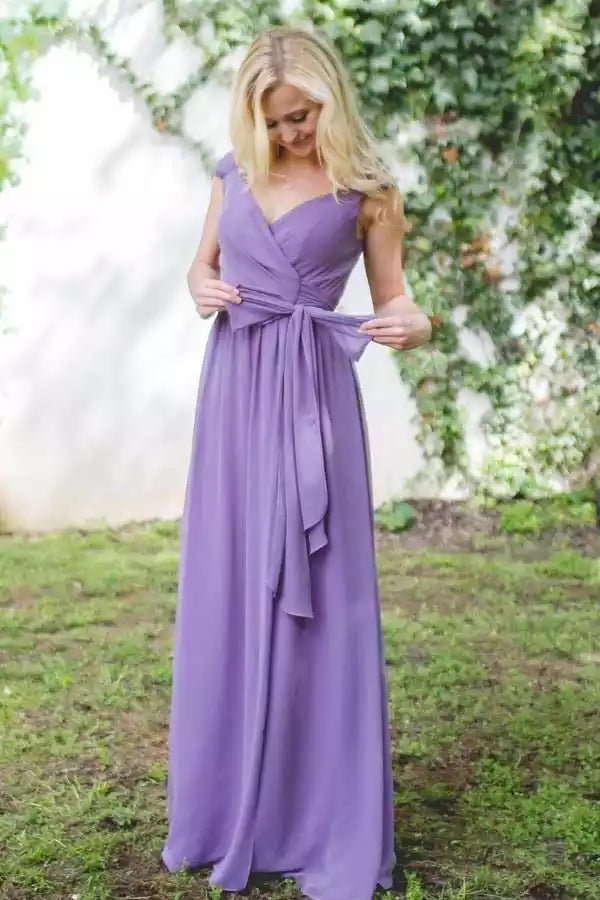 Soft Lavender Chiffon Gown with Short Cap Sleeves & Tie-Waist Detail