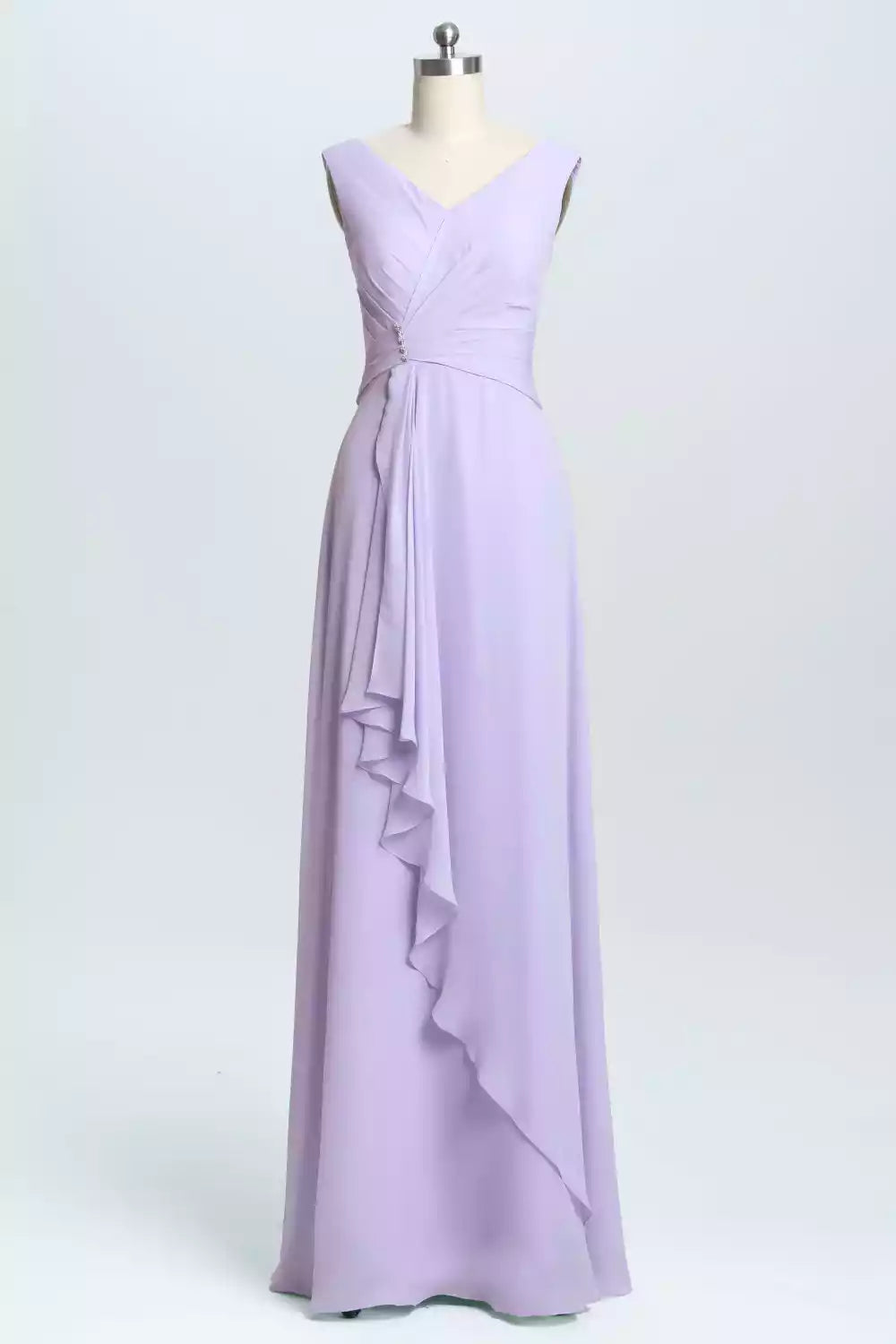 Soft Lavender Chiffon Gown with V-Neck & Asymmetric Ruffle Detail