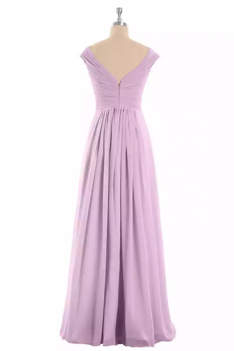 Soft Lavender Chiffon Gown with V-Neck & Ruched Bodice