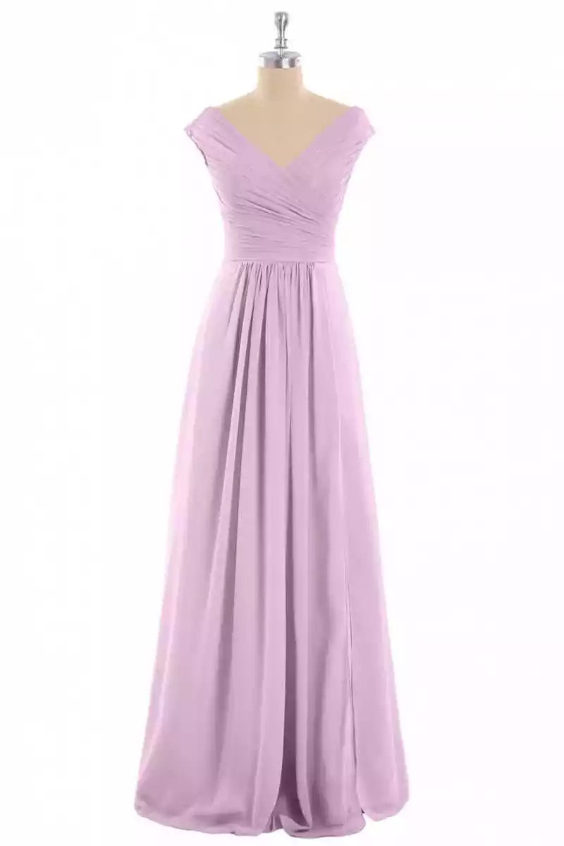 Soft Lavender Chiffon Gown with V-Neck & Ruched Bodice