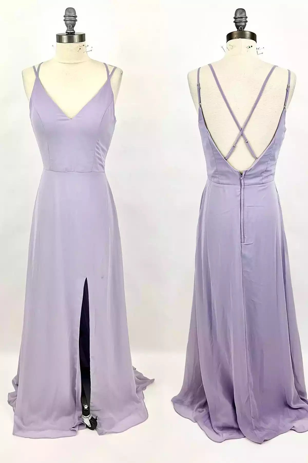 Soft Lavender Satin Gown with V-Neck, Crisscross Back & Side Slit