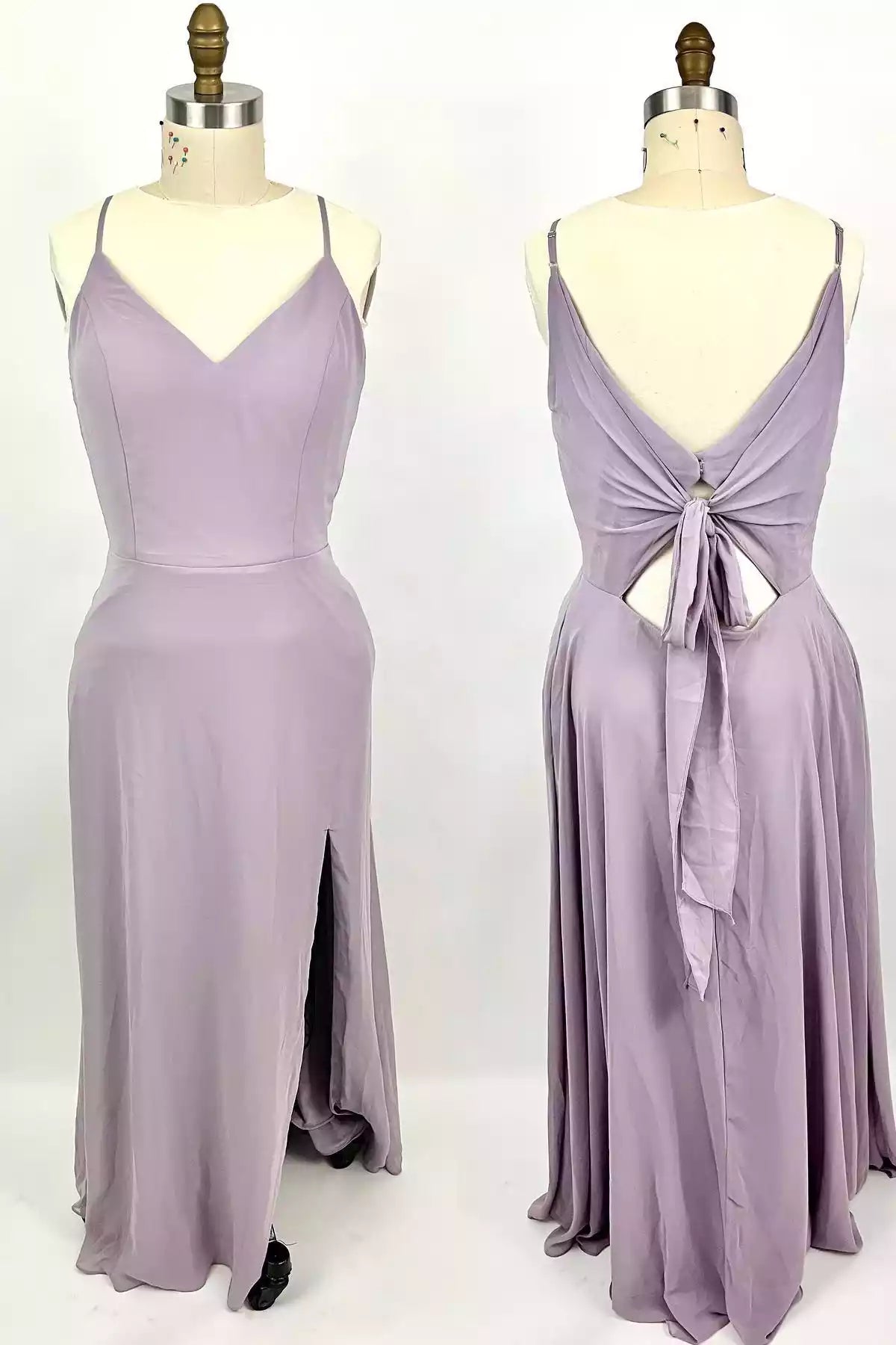 Soft Lavender Satin Gown with V-Neck, Tie-Back Cutout & Side Slit