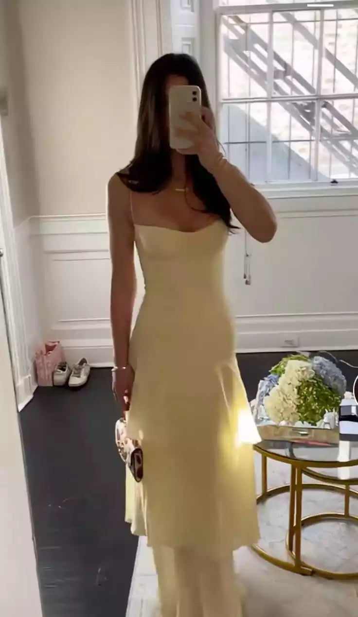 Soft Lemon Yellow Satin Slip Gown with Spaghetti Straps