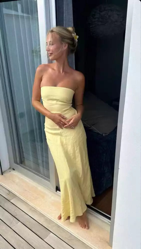Soft Lemon Yellow Strapless Maxi Gown with Ruched Bodice