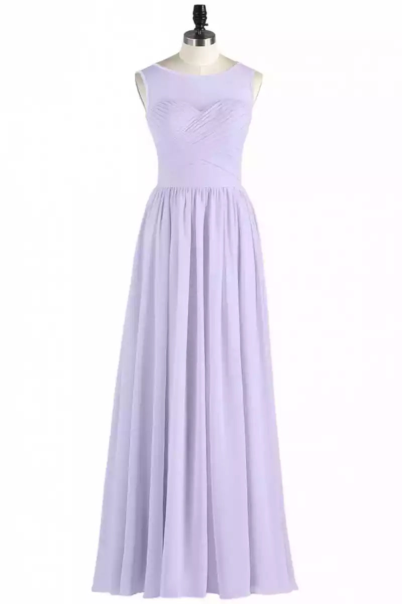 Soft Lilac Chiffon Gown with Sleeveless Ruched Bodice & Keyhole Back