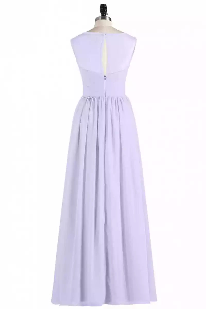 Soft Lilac Chiffon Gown with Sleeveless Ruched Bodice & Keyhole Back