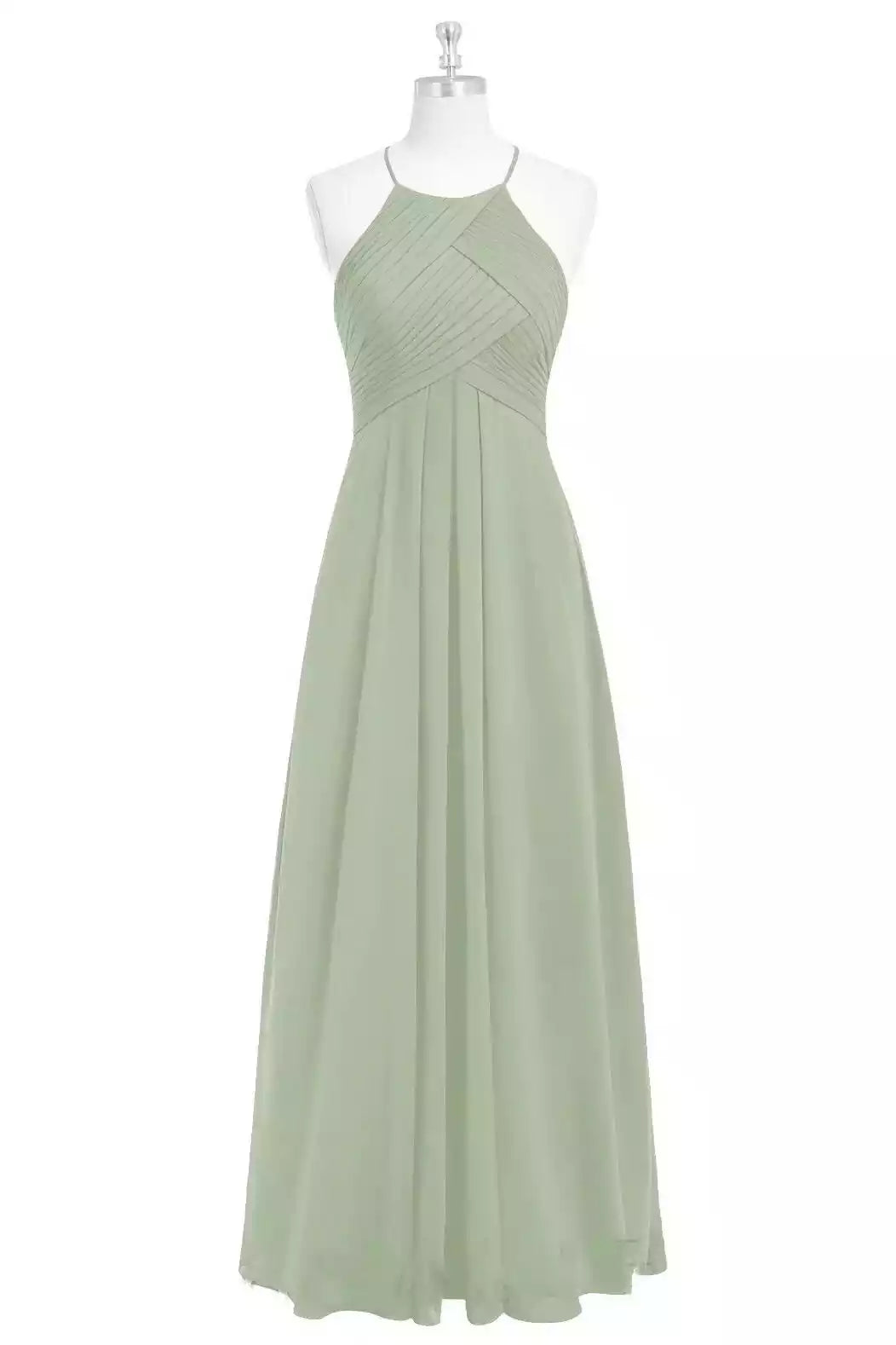 Soft Sage Green Chiffon Gown with Halter Neck & Ruched Bodice