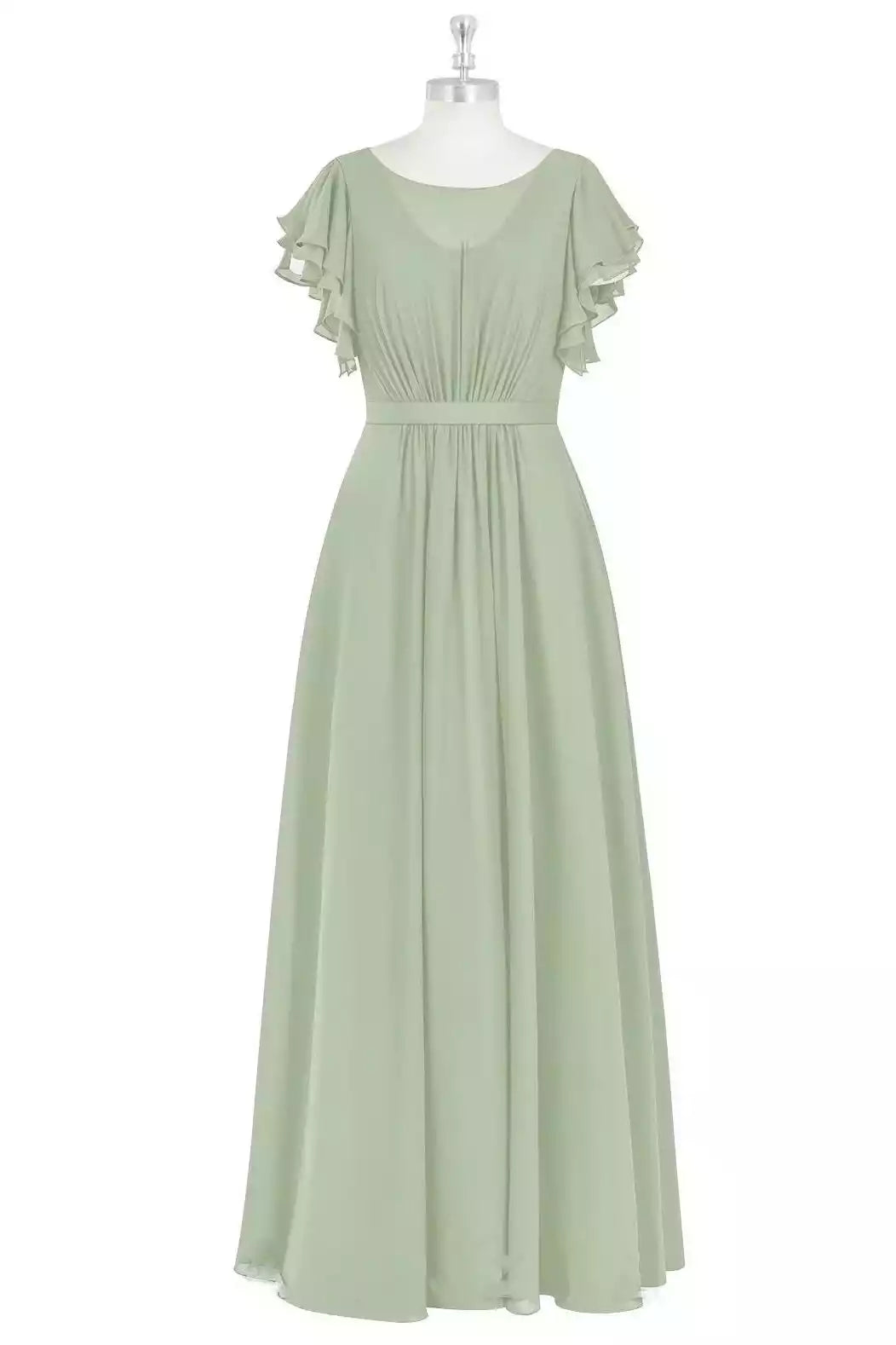 Soft Sage Green Chiffon Gown with Ruffled Flutter Sleeves & Empire Waist