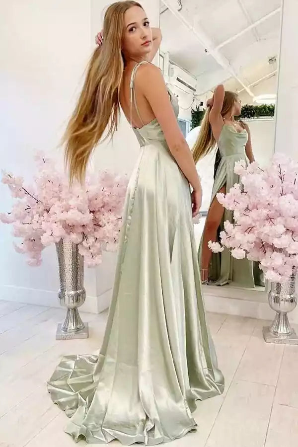 Soft Sage Green Satin Gown with Cowl Neck & High Slit