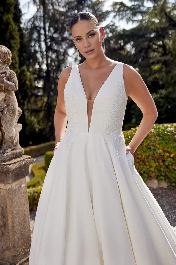 Soft Satin Plus Size Wedding Dress with Plunging V-Neckline and V-Back Wedding Dresses