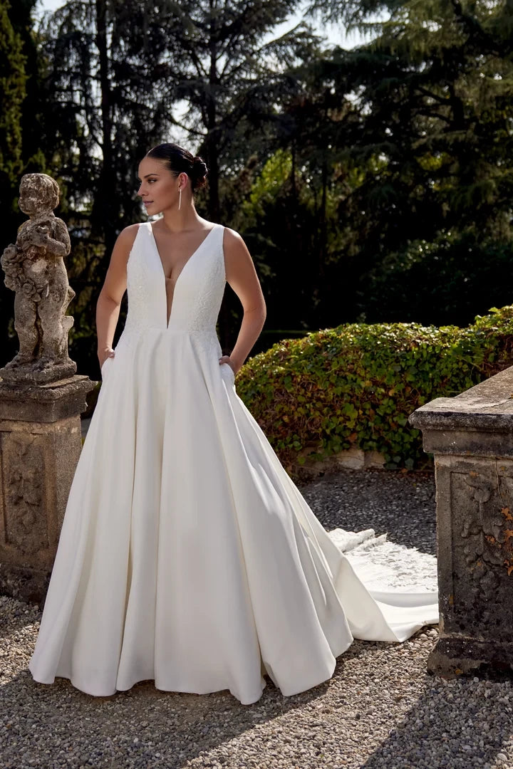 Soft Satin Plus Size Wedding Dress with Plunging V-Neckline and V-Back Wedding Dresses