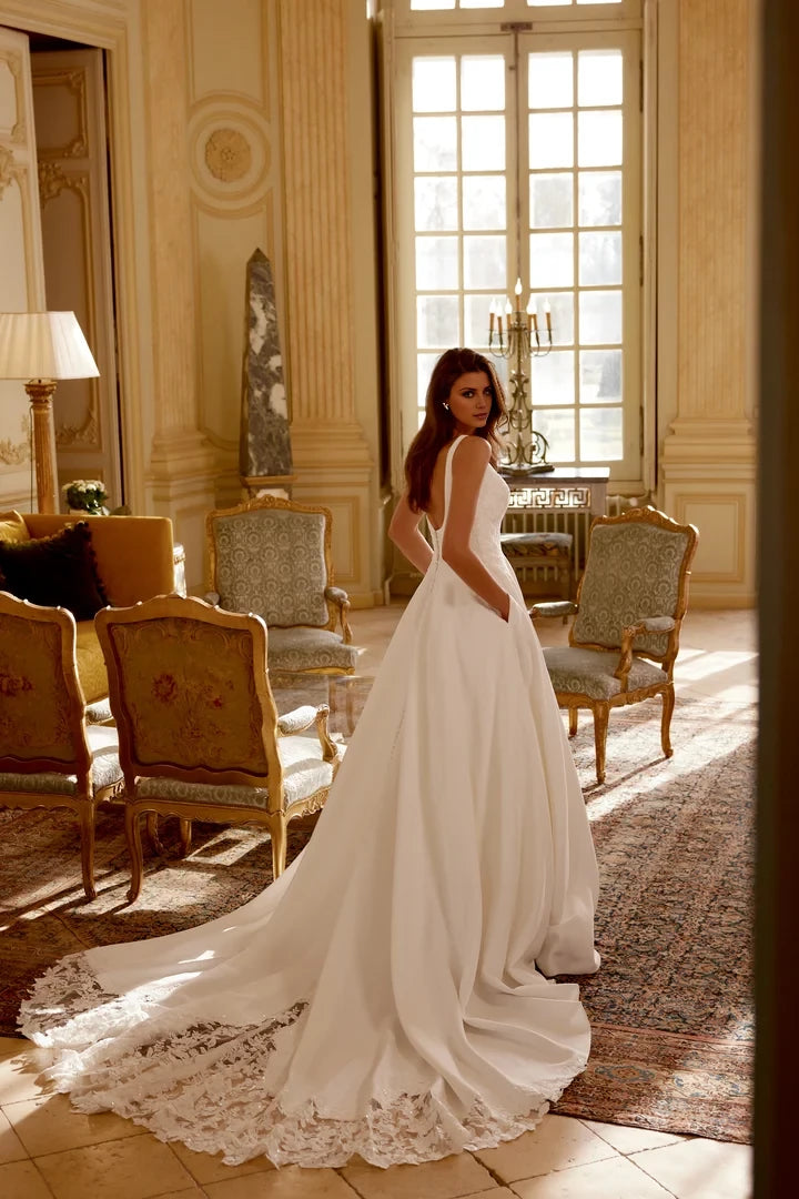 Soft Satin Wedding Dress with Plunging V-Neckline and V-Back