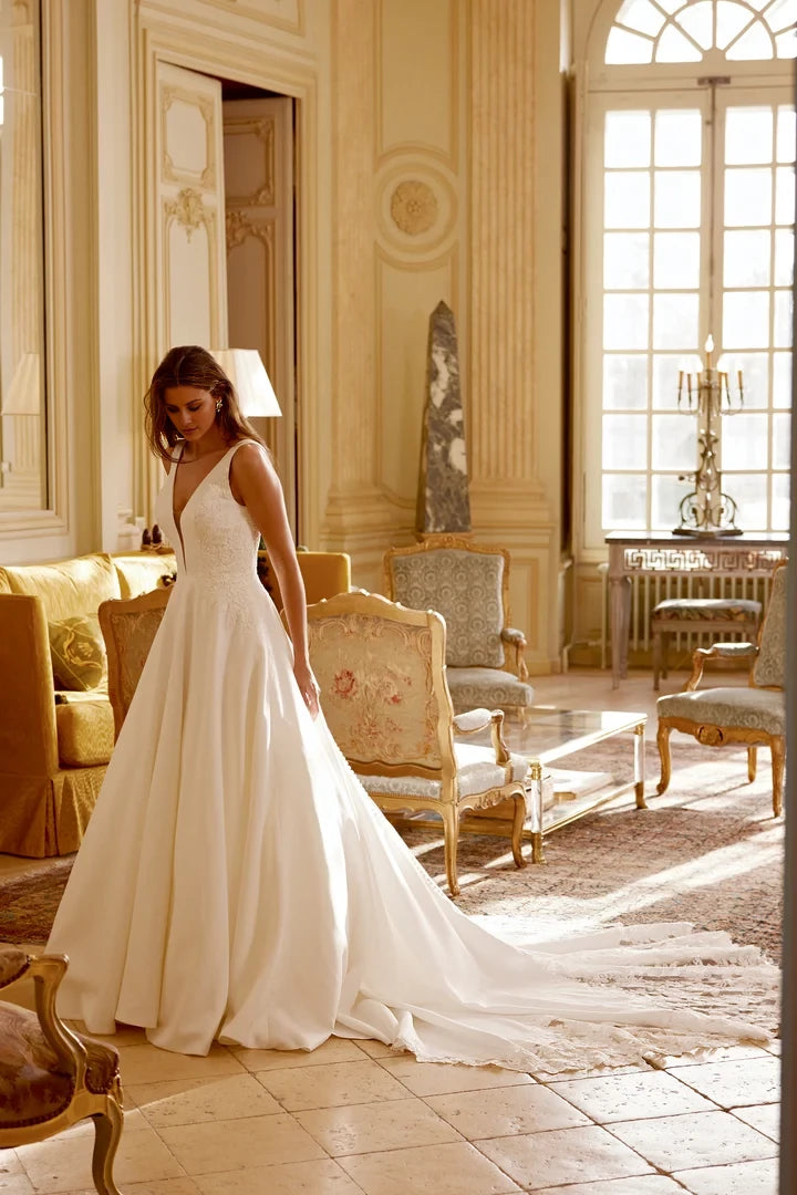 Soft Satin Wedding Dress with Plunging V-Neckline and V-Back