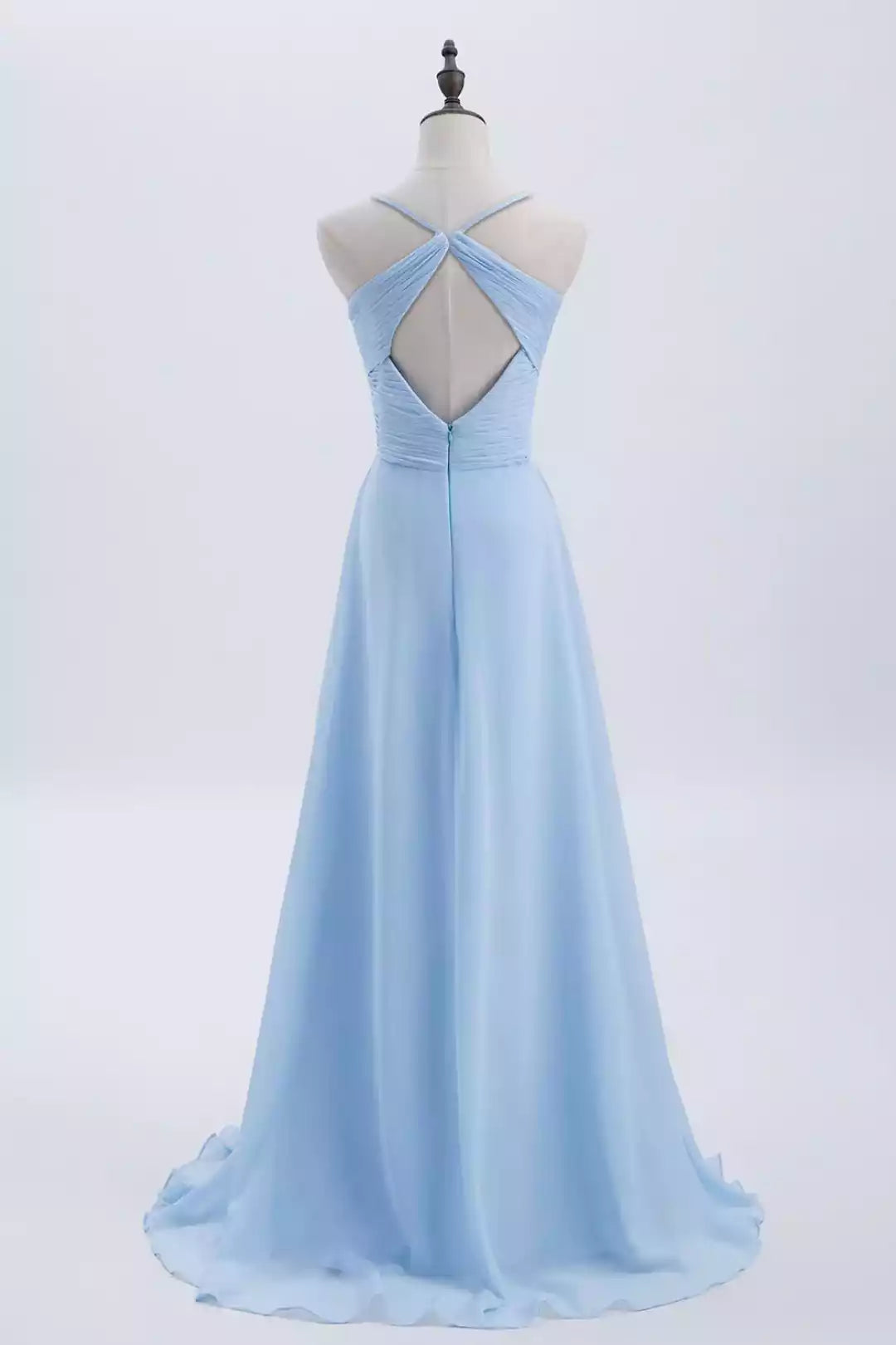 Soft Sky Blue Chiffon Gown with Cross-Back Halter & Ruched Bodice