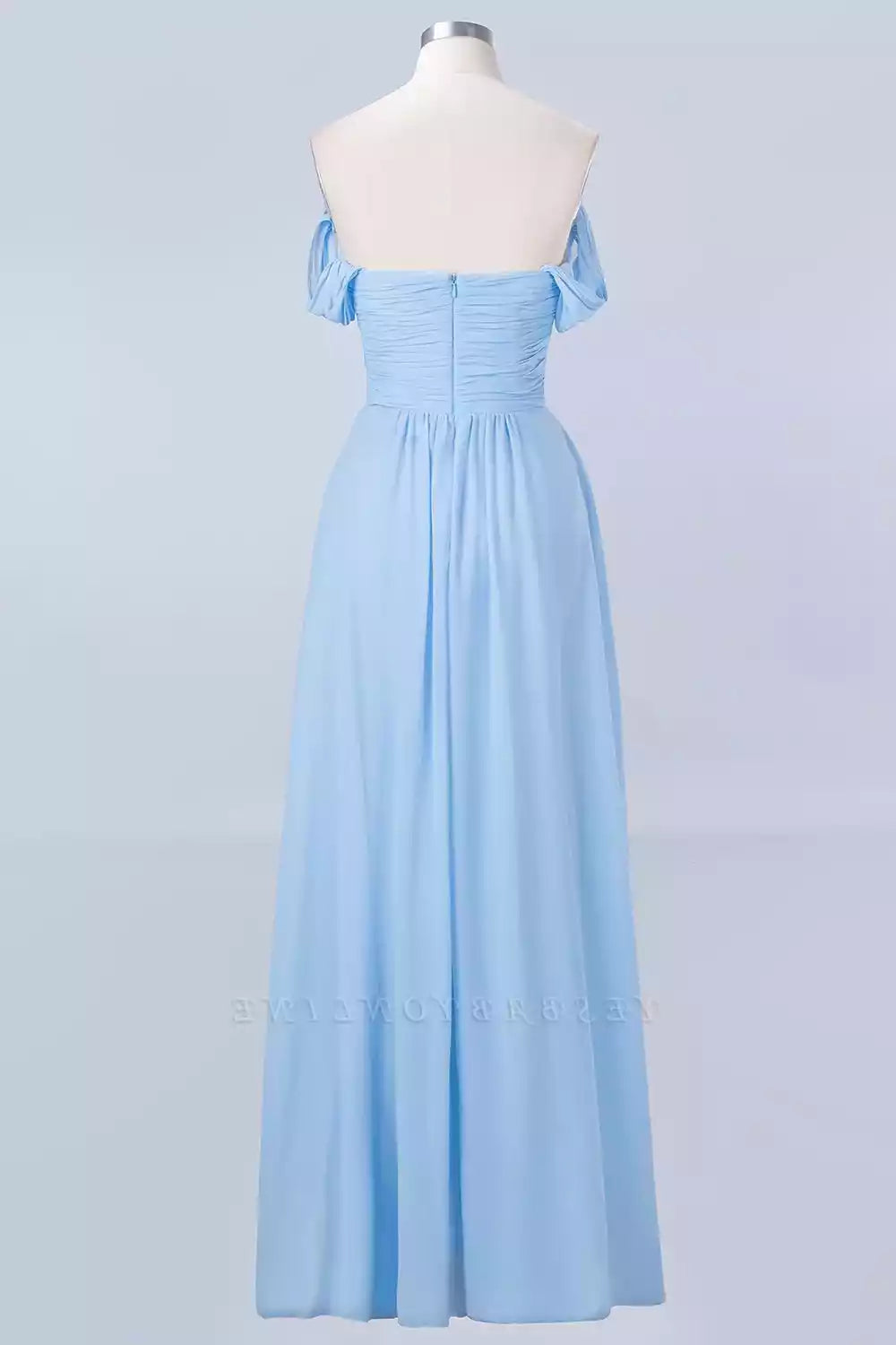 Soft Sky Blue Chiffon Gown with Off-the-Shoulder Ruched Bodice