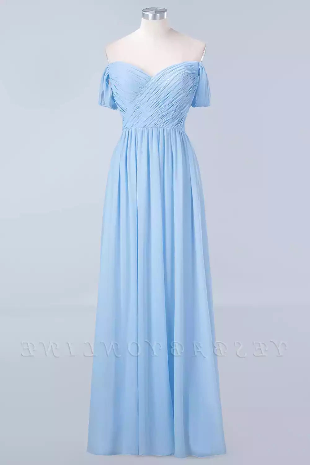Soft Sky Blue Chiffon Gown with Off-the-Shoulder Ruched Bodice