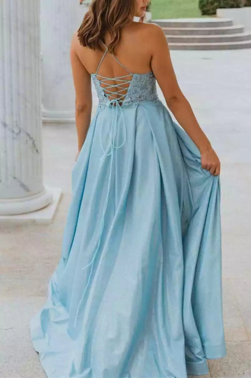 Soft Sky Blue Glitter Gown with Lace Bodice & Crisscross Halter Back