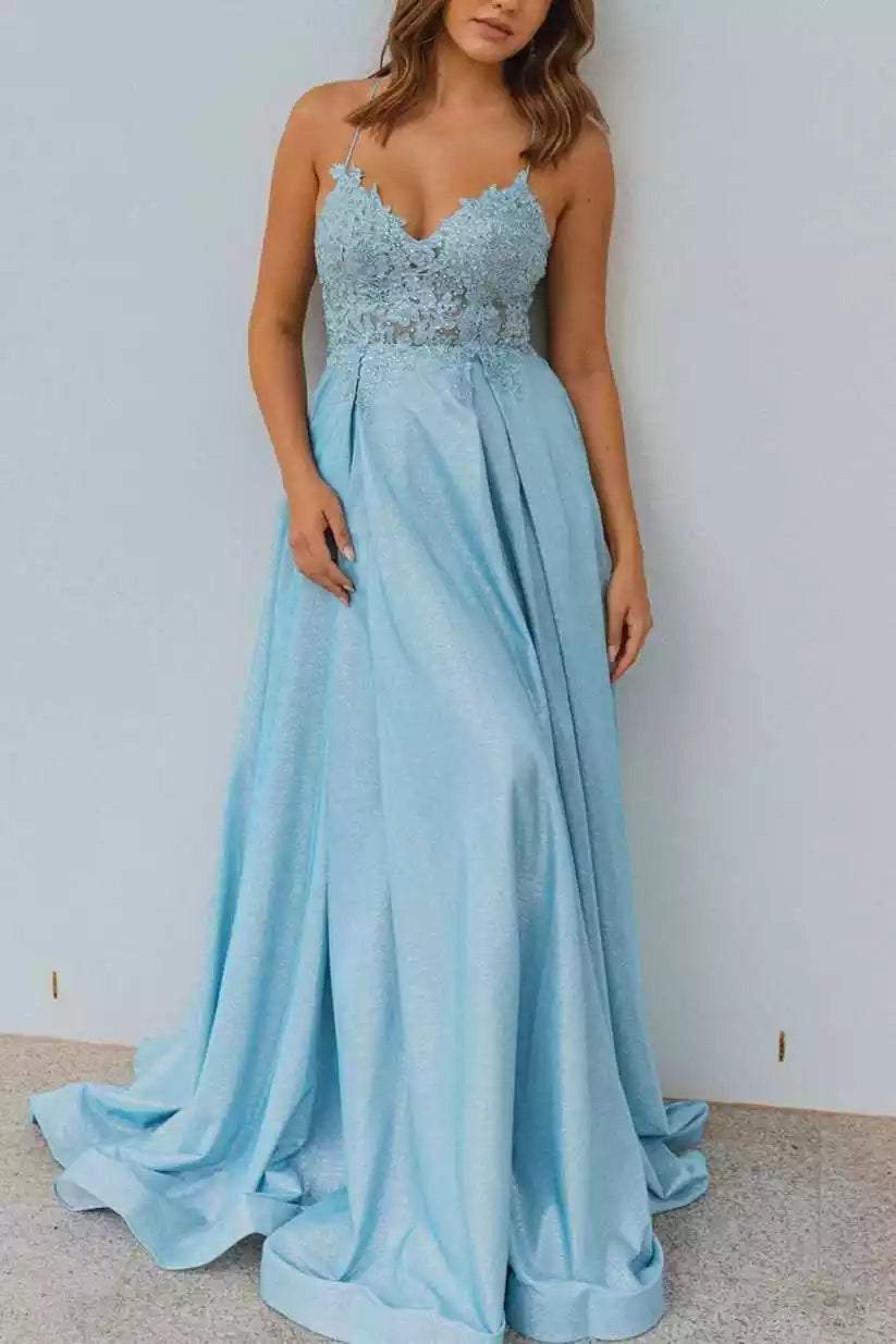 Soft Sky Blue Glitter Gown with Lace Bodice & Crisscross Halter Back