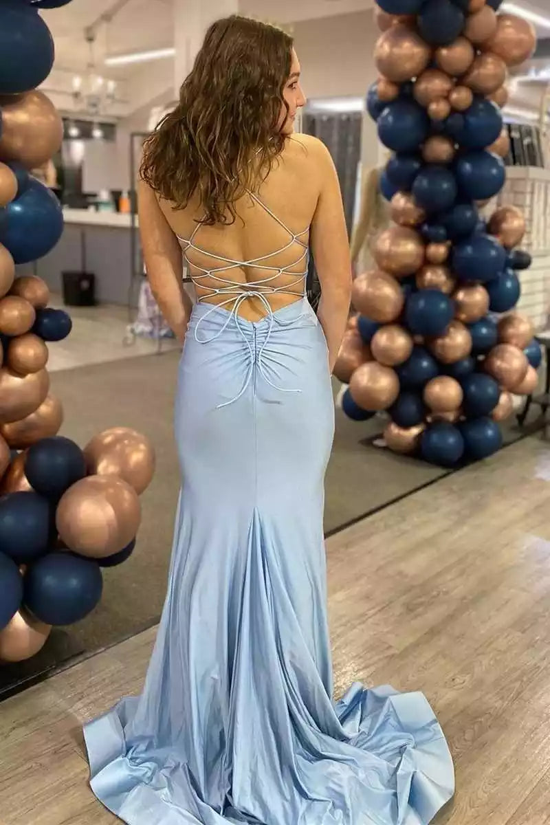Soft Sky Blue Satin Mermaid Gown with Crisscross Lace-Up Back & Train