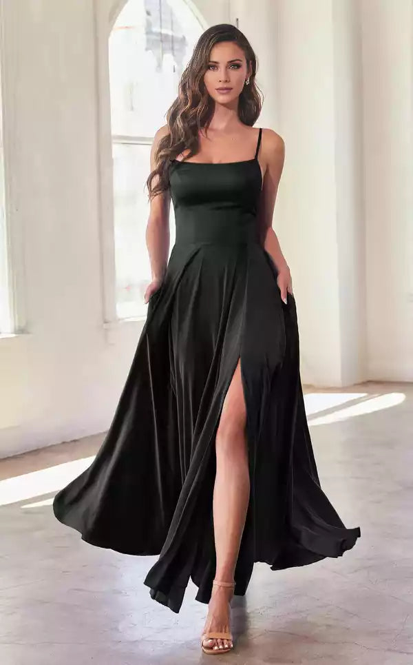 Solid tone Sleeveless Straight Neckline A line Gown Split Fork Evening Dress
